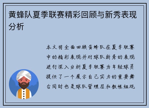 黄蜂队夏季联赛精彩回顾与新秀表现分析